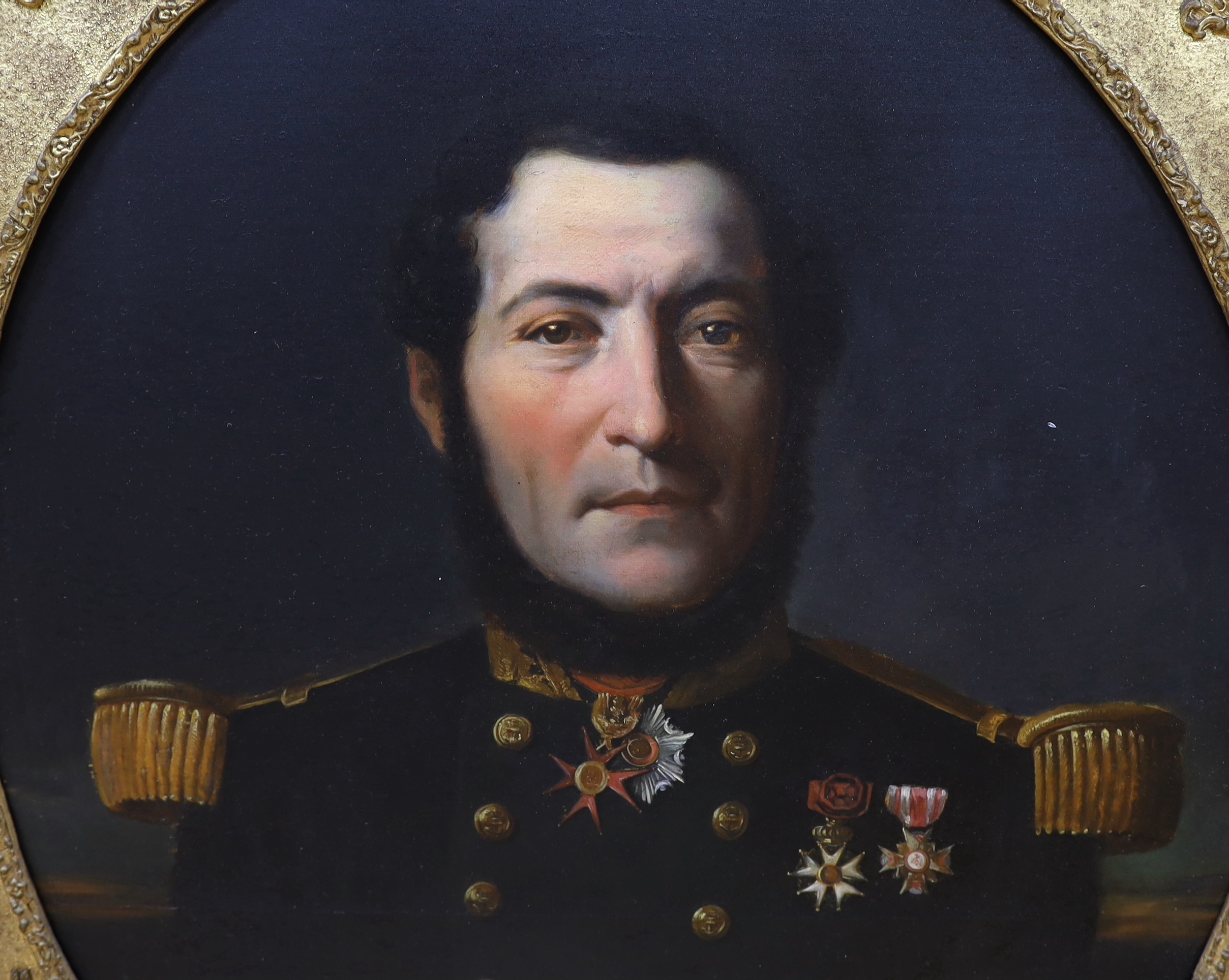 19th century French school, oil on canvas, Naval portrait of Vice Admiral Thomasett, housed in an oval ornate gilt frame, 71.5 x 58.5cm